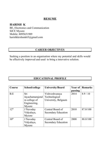 RESUME
HARISH K
BE, Electronics and Communication
SJCE Mysore
Mobile: 8095651989
harishkkrshnnk65@gmail.com
CAREER OBJECTIVES
Seeking a position in an organisation where my potential and skills would
be effectively improved and used to bring a innovative solution.
EDUCATIONAL PROFILE
Course School/college University/Board Year of
passing
Remarks
B.E Sri
Jayachamarajend
ra college of
Engineering,
Mysore
Vishveshvaraya
Technological
University, Belgaum
2014 8.9 / 10
12th
J Navoday
Vidyalaya,
Mysore
Central Board of
Secondary Education
2010 87.8/100
10th
J Navoday
Vidyalaya,
Mysore
Central Board of
Secondary Education
2008 88.8/100
 