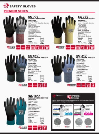 21414131
3111
MATERIAL
Coating : Latex
Liner : Nylon
FEATURES
Dry and wet grip
Flexibility and comfort
Great durability
APPLICATIONS
Transportation
Light work
General purpose
COLOR
Blue
SIZE
8/M 9/L 10/LL
MATERIAL
Coating : Nitrile
Liner : Nylon
FEATURES
Oil and wet grip
Flexibility and comfort
Great durability
APPLICATIONS
Oily material handling
Assembly
General purpose
COLOR
Blue
SIZE
8/M 9/L 10/LL
SG-310LATEX WORK GLOVES
MATERIAL
Coating : Nitrile
Liner : Nylon
FEATURES
Oil and wet grip
Flexibility and comfort
High breathability
Best dexterity
APPLICATIONS
Transportation
Light work
General purpose
COLOR
Blue
SIZE
8/M 9/L 10/LL
SG-1850NITRILE WORK GLOVES
SG-610NITRILE WORK GLOVES
4543 4343
MATERIAL
Coating : Nitrile
Liner : HPPE, Glassfiber, Spandex
FEATURES
Best cut resistance
Oil and wet grip
Great durability
APPLICATIONS
Automobile Assembly
Assembly
Glass handling
Oily material handling
COLOR
Gray
SIZE
8/M 9/L 10/LL
MATERIAL
Coating : Nitrile
Liner : Kevlar®, Spandex
FEATURES
Cut resistance
Oil and wet grip
Great durability
APPLICATIONS
Automobile Assembly
Assembly
Glass handling
Oily material handling
COLOR
Yellow
SIZE
8/M 9/L 10/LL
SG-777CUT RESISTANT GLOVES
SG-730CUT RESISTANT GLOVES
SAFETY GLOVES
PREMIUM SERIES
Coefficient of frictionLATEX GLOVES
Dry Condition
Latex
Liner
Latex
Liner
Crinkle Finish
Latex Gloves
TAKUMI SAFETY
Premium Latex Gloves
Test methods based on JIS P 8147:2010
1.06
LATEX GLOVES
Premium Latex Gloves
Test methods based on JIS P 8147:2010
Coefficient of friction
Oil Condition
Nirile
Liner
Ntrile
Liner
Solid Finish
Nitrile Gloves
TAKUMI SAFETY
Premium Nitrile Gloves
Test methods based on JIS P 8147:2010
0.45
Premium Nitrile Gloves
Test methods based on JIS P 8147:2010
NITRILE GLOVES
Tips
Takumi Safety Premium Gloves have a sponge-like forms that create a suction
effect much like an octopus' suction disks.
Crinkle Finish
Latex Gloves
Latex Gloves
Solid Finish
Nitrile Gloves
Nitrile Gloves
 