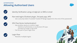 Allowing Authorised Users
Identity Veriﬁcation using a 6 digit pin vs SMS or email
Non-web logins (Outlook plugin, 3rd party app, API)
- Use a security token if outside Trusted IP Range (append to the end of the password)
2FA (Two-Factor Authentication)
- Use another device to conﬁrm login
- Salesforce Authenticator or any standard 2FA apps
provided by Google or Microsoft
- Can be part of your login ﬂow
Login Flow
- Prevents multiple logins
AUTHENTICATION
 
