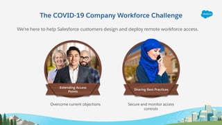 The COVID-19 Company Workforce Challenge
Extending Access
Points
Sharing Best Practices
Secure and monitor access
controls
Overcome current objections
We’re here to help Salesforce customers design and deploy remote workforce access.
 