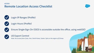 Remote Location Access Checklist
ACCESS
Login IP Ranges (Proﬁle)
Login Hours (Proﬁle)
Ensure Single-Sign On (SSO) is accessible outside the oﬃce, using webSSO
US Export Control
Note: No access from Cuba, Iran, North Korea, Sudan, Syria or the region of Crimea
 