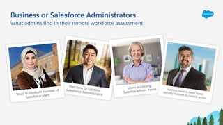Business or Salesforce Administrators
What admins ﬁnd in their remote workforce assessment
Small to medium number of
Sales...