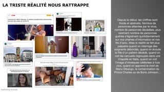 LA TRISTE RÉALITÉ NOUS RATTRAPPE
Depuis le début, les chiffres sont
froids et abstraits. Nombre de
personnes atteintes par le virus,
nombre de personnes décédées, plus
rarement nombre de personnes
guéries s’égrainent quotidiennement
sur nos chaines d’information et nos
fils d’actu. Mais la réalité se fait plus
palpable quand on interroge des
soignants débordés, quand on écoute
la fille d’un patient décédé, quand on
voit les cercueils regroupés dans une
chapelle en Italie, quand on voit
l’image d’obsèques célébrées à huis
clos, quand on apprend la mort de
Manu Dibango, la contamination du
Prince Charles ou de Boris Johnson…
 