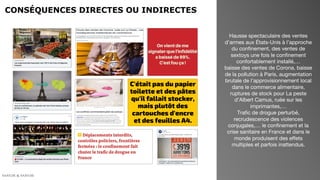 CONSÉQUENCES DIRECTES OU INDIRECTES
Hausse spectaculaire des ventes
d’armes aux États-Unis à l’approche
du confinement, des ventes de
sextoys une fois le confinement
confortablement installé,…
baisse des ventes de Corona, baisse
de la pollution à Paris, augmentation
brutale de l’approvisionnement local
dans le commerce alimentaire,
ruptures de stock pour La peste
d’Albert Camus, ruée sur les
imprimantes,…
Trafic de drogue perturbé,
recrudescence des violences
conjugales,… le confinement et la
crise sanitaire en France et dans le
monde produisent des effets
multiples et parfois inattendus.
 