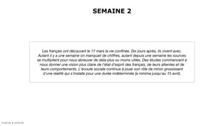 SEMAINE 2
Les français ont découvert le 17 mars la vie confinée. Dix jours après, ils vivent avec.
Autant il y a une semaine on manquait de chiffres, autant depuis une semaine les sources
se multiplient pour nous abreuver de data plus ou moins utiles. Des études commencent à
nous donner une vision plus claire de l’état d’esprit des français, de leurs attentes et de
leurs comportements. L’écoute sociale continue à jouer son rôle de miroir grossissant
d’une réalité qui s’installe pour une durée indéterminée (a minima jusqu’au 15 avril).
 