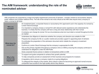 The AIM framework: understanding the role of the
nominated adviser

AIM companies are supported by a large and highly expe...