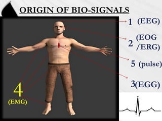 ORIGIN OF BIO-SIGNALS
                      1 (EEG)
                           (EOG
                      2    /ERG)

                          5 (pulse)


 4
(EMG)
                          3(EGG)
 