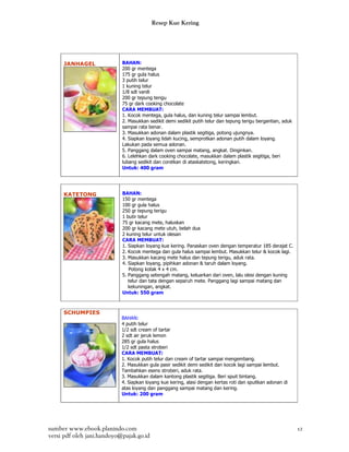 Resep Kue Kering




     JANHAGEL               BAHAN:
                            200 gr mentega
                            175 gr gula halus
                            3 putih telur
                            1 kuning telur
                            1/8 sdt vanili
                            200 gr tepung terigu
                            75 gr dark cooking chocolate
                            CARA MEMBUAT:
                            1. Kocok mentega, gula halus, dan kuning telur sampai lembut.
                            2. Masukkan sedikit demi sedikit putih telur dan tepung terigu bergantian, aduk
                            sampai rata benar.
                            3. Masukkan adonan dalam plastik segitiga, potong ujungnya.
                            4. Siapkan loyang lidah kucing, semprotkan adonan putih dalam loyang.
                            Lakukan pada semua adonan.
                            5. Panggang dalam oven sampai matang, angkat. Dinginkan.
                            6. Lelehkan dark cooking chocolate, masukkan dalam plastik segitiga, beri
                            lubang sedikit dan coretkan di ataskatetong, keringkan.
                            Untuk: 400 gram




     KATETONG               BAHAN:
                            150 gr mentega
                            100 gr gula halus
                            250 gr tepung terigu
                            1 butir telur
                            75 gr kacang mete, haluskan
                            200 gr kacang mete utuh, belah dua
                            2 kuning telur untuk olesan
                            CARA MEMBUAT:
                            1. Siapkan loyang kue kering. Panaskan oven dengan temperatur 185 derajat C.
                            2. Kocok mentega dan gula halus sampai lembut. Masukkan telur & kocok lagi.
                            3. Masukkan kacang mete halus dan tepung terigu, aduk rata.
                            4. Siapkan loyang, pipihkan adonan & taruh dalam loyang.
                               Potong kotak 4 x 4 cm.
                            5. Panggang setengah matang, keluarkan dari oven, lalu olesi dengan kuning
                               telur dan tata dengan separuh mete. Panggang lagi sampai matang dan
                               kekuningan, angkat.
                            Untuk: 550 gram



     SCHUMPIES
                            BAHAN:
                            4 putih telur
                            1/2 sdt cream of tartar
                            2 sdt air jeruk lemon
                            285 gr gula halus
                            1/2 sdt pasta stroberi
                            CARA MEMBUAT:
                            1. Kocok putih telur dan cream of tartar sampai mengembang.
                            2. Masukkan gula pasir sedikit demi sedikit dan kocok lagi sampai lembut.
                            Tambahkan esens stroberi, aduk rata.
                            3. Masukkan dalam kantong plastik segitiga. Beri spuit bintang.
                            4. Siapkan loyang kue kering, alasi dengan kertas roti dan spuitkan adonan di
                            atas loyang dan panggang sampai matang dan kering.
                            Untuk: 200 gram




sumber www.ebook.planindo.com                                                                                 12
versi pdf oleh jani.handoyo@pajak.go.id
 