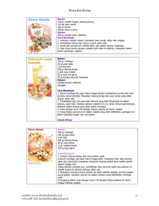 Resep Kue Kering


     Choco Kismis            Bahan:
                             150 gr cokelat masak, potong-potong
                             1/4 sdt esen vanila
                             100 gr kismis
                             100 gr choco crunch
                             Hiasan:
                             100 gr cokelat putih, lelehkan
                             Cara Membuat:
                             1. Lelehkan cokelat masak, masukkan esen vanila, aduk rata, angkat.
                             2. Tambahkan kismis dan choco crunch, aduk rata.
                             3. Ambil satu sendok teh cokelat leleh, tata dalam loyang, dinginkan.
                             4. Hias choco kismis dengan cokelat putih leleh di atasnya, masukkan dalam
                             lemari pendingin, sajikan.


     Telunjuk Lapis          Bahan:
                             100 gr mentega
     Cokelat                 50 gr gula halus
                             2 kuning telur
                             200 gr tepung terigu
                             1 sdm susu bubuk
                             50 gr keju tua parut
                             50 gr kacang almond, haluskan
                             Hiasan:
                             Cokelat masak, lelehkan
                             Spingkle

                             Cara Membuat:
                             1. Kocok mentega dan gula halus hingga lembut, tambahkan kuning telur satu
                             persatu, kocok kembali. Masukkan tepung terigu dan susu bubuk yang telah
                             diayak, aduk rata.
                             2. Tambahkan keju tua parut dan almond yang telah dihaluskan ke dalam
                             adonan, aduk rata. Tipiskan adonan setebal 1/2 cm, cetak menyerupai telunjuk,
                             letakkan dalam loyang yang telah dioles mentega.
                             3. Oven dengan suhu 150 derajat Celsius selama 20 menit, angkat.
                             4. Celup kedua ujung kue ke dalam cokelat yang telah dilelehkan, gulingkan ke
                             dalam spingkle hingga rata, keringkan.

                             Untuk 450 gr



     Choco Cheese             Bahan:
                              200 gr mentega
                              100 gr gula halus
                              2 btr telur
                              200 gr tepung terigu
                              50 gr susu bubuk
                              25 gr cokelat bubuk
                              100 gr keju parut

                              Cara Membuat:
                              1. Campur tepung terigu, dan susu bubuk, ayak.
                              2.Kocok mentega, dan gula halus hingga putih, masukkan telur satu persatu
                              aduk rata. Kemudian masukkan campuran tepung sedikit demi sedikit sambil
     Untuk 650 gr             diaduk hingga rata.
                              3.Bagi adonan menjadi dua , tambahkan keju parut ke salah satu adonan, &
                              cokelat bubuk ke adonan lainnya, aduk rata.
                              4. Masukkan masing-masing adonan ke dalam plastik segitiga, gunting bagian
                              ujung plastik. Spuitkan adonan ke dalam cetakan yang telahdioles mentega
                              putih.
                              5.Panggang dalam oven dengan suhu 170 derajat Celsius selama 25 menit
                              hingga matang, angkat.




sumber www.ebook.planindo.com                                                                                17
versi pdf oleh jani.handoyo@pajak.go.id
 