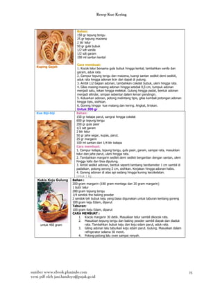 Resep Kue Kering



                            Bahan:
                            150 gr tepung terigu
                            25 gr tepung maizena
                            2 btr telur
                            50 gr gula bubuk
                            1/2 sdt vanila
                            1/2 sdt garam
                            100 ml santan kental

                             Cara membuat:
   Kuping Gajah
                             1. Kocok telur bersama gula bubuk hingga kental, tambahkan vanila dan
                             garam, aduk rata.
                             2. Campur tepung terigu dan maizena, tuangi santan sedikit demi sedikit,
                             aduk rata hingga adonan licin dan dapat di pulung.
                             3. Ambil 1/2 bagian adonan, tambahkan cokelat bubuk, uleni hingga rata.
                             4. Gilas masing-masing adonan hingga setebal 0,5 cm, tumpuk adonan
                             menjadi satu, tekan hingga melekat. Gulung hingga padat, bentuk adonan
                             menjadi silinder, simpan sebentar dalam lemari pendingin.
                             5. Keluarkan adonan, potong melintang tipis, gilas kembali potongan adonan
                             hingga tipis, sisihkan.
                             6. Goreng hingga kue matang dan kering. Angkat, tiriskan.
                             Untuk 300 gr
   Kue Biji-biji            Bahan:
                            150 gr kelapa parut, sangrai hingga cokelat
                            600 gr tepung terigu
                            200 gr gula pasir
                            1/2 sdt garam
                            2 btr telur
                            50 gr jahe segar, kupas, parut.
                            25 gr margarin
                            100 ml santan dari 1/4 btr kelapa
                            Cara membuat:
                            1. Campur kelapa, tepung terigu, gula pasir, garam, sampai rata, masukkan
                            telur dan jahe parut, uleni hingga rata.
                            2. Tambahkan margarin sedikit demi sedikit bergantian dengan santan, uleni
                            hingga kalis dan bisa dipulung.
                            3. Ambil sedikit adonan, bentuk seperti tambang berdiameter 1 cm sambil di
                            padatkan, potong serong 2 cm, sisihkan. Kerjakan hingga adonan habis.
                            4. Goreng adonan di atas api sedang hingga kuning kecokelatan.
                            Untuk 1 kg
    Kukis Keju Gulung    Bahan :
                         200 gram margarin (180 gram mentega dan 20 gram margarin)
                         1 butir telur
                         280 gram tepung terigu
                         1/4 sendok the baking powder
                         2 sendok teh bubuk keju yang biasa digunakan untuk taburan kentang goreng
                         100 gram keju Edam, diparut
                         Taburan:
                         100 gram Keju Edam, diparut
                         CARA MEMBUAT :
                              1. Kocok margarin 30 detik. Masukkan telur sambil dikocok rata.
                              2. Masukkan tepung terigu dan baking powder sambil diayak dan diaduk
     untuk 450 gram                rata. Tambahkan bubuk keju dan keju edam parut, aduk rata.
                              3. Giling adonan lalu taburkan keju edam parut. Gulung. Masukkan dalam
                                   refrigerator selama 30 menit.
                              4. Potong-potong lalu oven sampai renyah.




sumber www.ebook.planindo.com                                                                             25
versi pdf oleh jani.handoyo@pajak.go.id
 