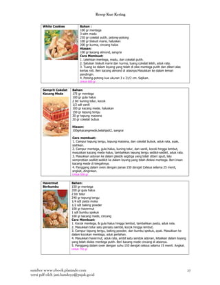 Resep Kue Kering

       White Cookies           Bahan :
                               100 gr mentega
                               3 sdm madu
                               250 gr cokelat putih, potong-potong
                               100 gr biskuit marie, haluskan
                               200 gr kurma, cincang halus
                               Hiasan:
                               100 gr kacang almond, sangria
                               Cara Membuat:
                               1. Lelehkan mentega, madu, dan cokelat putih.
                               2. Satukan biskuit marie dan kurma, tuang cokelat leleh, aduk rata.
                               3. Tuang ke dalam loyang yang telah di oles mentega putih dan diberi alas
                               kertas roti. Beri kacang almond di atasnya.Masukkan ke dalam lemari
                               pendingin.
                               4. Potong-potong kue ukuran 3 x 21/2 cm. Sajikan.
                               Untuk 600 gr


       Semprit Cokelat   Bahan:
       Kacang Mede       175 gr mentega
                         100 gr gula halus
                         2 btr kuning telur, kocok
                         1/2 sdt vanili
                         100 gr kacang mede, haluskan
                         150 gr tepung terigu
                         30 gr tepung maizena
                         20 gr cokelat bubuk

                         Hiasan:
                         100grkacangmede,belahjadi2, sangrai

                         Cara membuat:
                         1. Campur tepung terigu, tepung maizena, dan cokelat bubuk, aduk rata, ayak,
                         sisihkan.
                         2. Campur mentega, gula halus, kuning telur, dan vanili, kocok hingga lembut,
                         masukkan kacang mede halus, tambahkan tepung terigu sedikit-sedikit, aduk rata.
                         3. Masukkan adonan ke dalam plastik segitiga yang telah diberi spuit, lalu
                         semprotkan sedikit-sedikit ke dalam loyang yang telah diolesi mentega. Beri irisan
                         kacang mede di tengahnya.
                         4. Panggang dalam oven dengan panas 150 derajat Celsius selama 25 menit,
                         angkat, dinginkan.
                         Untuk 500 gr


       Havermut          Bahan:
       Berbumbu          150 gr mentega
                         200 gr gula halus
                         2 btr telur
                         240 gr tepung terigu
                         1/4 sdt pasta moka
                         1/2 sdt baking powder
                         100 gr havermut
                         1 sdt bumbu spekuk
                         100 gr kacang mede, cincang
                         Cara Membuat:
                         1. Kocok mentega, & gula halus hingga lembut, tambahkan pasta, aduk rata.
                         2. Masukkan telur satu persatu sambil, kocok hingga lembut.
                         3. Campur tepung terigu, baking powder, dan bumbu spekuk, ayak. Masukkan ke
                         dalam kocokan mentega, aduk perlahan.
                         4. Masukkan havermut, aduk rata, ambil satu sendok adonan, letakkan dalam loyang
                         yang telah dioles mentega putih. Beri kacang mede cincang di atasnya.
                         5. Panggang dalam oven dengan suhu 150 derajat celsius selama 15 menit. Angkat.
                         Untuk 750 gr




sumber www.ebook.planindo.com                                                                                 27
versi pdf oleh jani.handoyo@pajak.go.id
 