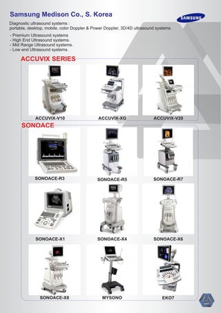 Samsung Medison Co., S. Korea
Diagnostic ultrasound systems :
portable, desktop, mobile, color Doppler & Power Doppler, 3D/4D ultrasound systems.
- Premium Ultrasound systems
- High End Ultrasound systems.
- Mid Range Ultrasound systems.
- Low end Ultrasound systems.
EKO7
SONOACE
MYSONO
SONOACE-R3 SONOACE-R5 SONOACE-R7
SONOACE-X1
SONOACE-X8
SONOACE-X4 SONOACE-X6
ACCUVIX-V10 ACCUVIX-V20ACCUVIX-XG
ACCUVIX SERIES
 