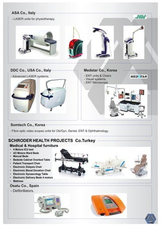 ASA Co., Italy
- LASER units for physiotherapy.
DDC Co., USA Co., Italy
- Advanced LASER systems.
Somtech Co., Korea
- Fibre optic video scopes units for Ob/Gyn, Dental, ENT & Ophthalmology.
Medstar Co., Korea
- ENT units & Chairs
- Visual systems.
- ENT Microscope
Osatu Co., Spain
- Deﬁbrillators.
SCHRODER HEALTH PROJECTS Co.Turkey
Medical & Hospital furniture
• 4 Motors ICU bed
• 4/2 Motors Ward Beds
• Manual Beds
• Bedside Cabinet Overbed Table
• Patient Transport Chair
• Electronic Dialysis Chair
• Electronic Blood Donation Chair
• Electronic Gynaecology Table
• Electronic Delivery Beds 4 motors
• Mattress
 