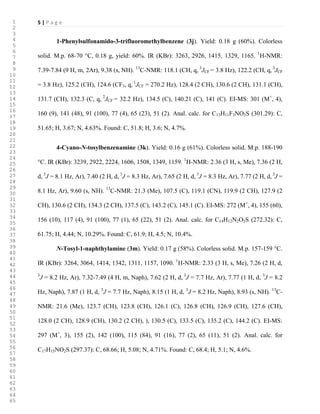 5 | P a g e
1-Phenylsulfonamido-3-trifluoromethylbenzene (3j). Yield: 0.18 g (60%). Colorless
solid. M.p. 68-70 °C, 0.18 g, yield: 60%. IR (KBr): 3263, 2926, 1415, 1329, 1165. 1
H-NMR:
7.39-7.84 (9 H, m, 2Ar), 9.38 (s, NH). 13
C-NMR: 118.1 (CH, q, 3
JCF = 3.8 Hz), 122.2 (CH, q, 3
JCF
= 3.8 Hz), 125.2 (CH), 124.6 (CF3, q, 1
JCF = 270.2 Hz), 128.4 (2 CH), 130.6 (2 CH), 131.1 (CH),
131.7 (CH), 132.3 (C, q, 2
JCF = 32.2 Hz), 134.5 (C), 140.21 (C), 141 (C). EI-MS: 301 (M+
, 4),
160 (9), 141 (48), 91 (100), 77 (4), 65 (23), 51 (2). Anal. calc. for C13H11F3NO2S (301.29): C,
51.65; H, 3.67; N, 4.63%. Found: C, 51.8; H, 3.6; N, 4.7%.
4-Cyano-N-tosylbenzenamine (3k). Yield: 0.16 g (61%). Colorless solid. M.p. 188-190
°C. IR (KBr): 3239, 2922, 2224, 1606, 1508, 1349, 1159. 1
H-NMR: 2.36 (3 H, s, Me), 7.36 (2 H,
d, 3
J = 8.1 Hz, Ar), 7.40 (2 H, d, 3
J = 8.3 Hz, Ar), 7.65 (2 H, d, 3
J = 8.3 Hz, Ar), 7.77 (2 H, d, 3
J =
8.1 Hz, Ar), 9.60 (s, NH). 13
C-NMR: 21.3 (Me), 107.5 (C), 119.1 (CN), 119.9 (2 CH), 127.9 (2
CH), 130.6 (2 CH), 134.3 (2 CH), 137.5 (C), 143.2 (C), 145.1 (C). EI-MS: 272 (M+
, 4), 155 (60),
156 (10), 117 (4), 91 (100), 77 (1), 65 (22), 51 (2). Anal. calc. for C14H12N2O2S (272.32): C,
61.75; H, 4.44; N, 10.29%. Found: C, 61.9; H, 4.5; N, 10.4%.
N-Tosyl-1-naphthylamine (3m). Yield: 0.17 g (58%). Colorless solid. M.p. 157-159 °C.
IR (KBr): 3264, 3064, 1414, 1342, 1311, 1157, 1090. 1
H-NMR: 2.33 (3 H, s, Me), 7.26 (2 H, d,
3
J = 8.2 Hz, Ar), 7.32-7.49 (4 H, m, Naph), 7.62 (2 H, d, 3
J = 7.7 Hz, Ar), 7.77 (1 H, d, 3
J = 8.2
Hz, Naph), 7.87 (1 H, d, 3
J = 7.7 Hz, Naph), 8.15 (1 H, d, 3
J = 8.2 Hz, Naph), 8.93 (s, NH). 13
C-
NMR: 21.6 (Me), 123.7 (CH), 123.8 (CH), 126.1 (C), 126.8 (CH), 126.9 (CH), 127.6 (CH),
128.0 (2 CH), 128.9 (CH), 130.2 (2 CH), ), 130.5 (C), 133.5 (C), 135.2 (C), 144.2 (C). EI-MS:
297 (M+
, 3), 155 (2), 142 (100), 115 (84), 91 (16), 77 (2), 65 (11), 51 (2). Anal. calc. for
C17H15NO2S (297.37): C, 68.66; H, 5.08; N, 4.71%. Found: C, 68.4; H, 5.1; N, 4.6%.
1
2
3
4
5
6
7
8
9
10
11
12
13
14
15
16
17
18
19
20
21
22
23
24
25
26
27
28
29
30
31
32
33
34
35
36
37
38
39
40
41
42
43
44
45
46
47
48
49
50
51
52
53
54
55
56
57
58
59
60
61
62
63
64
65
 