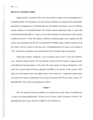 6 | P a g e
RESULTS AND DISCUSSION
Copper powder is reported [18] to have been effective catalyst for the decomposition of
arylsulfonylazides. We attempted to use this reaction conditions for coupling of the sulfonamide
produced by decomposition of sulfonylazides and aryl halides and design a novel an efficient
one-pot synthesis of N-arylsulfonamides. We initially selected iodobenzene (1a), (1 equiv) and
p-toluenesulfonylazide (2a), (1.2 equiv) as the model substrate for optimization of the reaction
conditions (Scheme 1). Then, the catalysis conditions, including copper source, ligand, base and
solvent were optimized. Our first test was performed in DMSO using a catalytic amount of CuI
(0.2 equiv), K2CO3 (2 equiv) as the base and 1,10-phenanthroline (0.2 equiv) as the ligand at
110°
C. Under these conditions, only small amounts (10%) of product (3a) were detected.
Under these reaction conditions, a set of catalysts such as CuCl, Cu2O and Cu(OAc)2
were screened, without success. We were pleased to discover that 0.5 equiv of copper powder
could afford the desired product in 24% yield. The same reaction in toluene afforded 3a in 18%
yield. Fair to good yields of 3a were obtained with DMF as the solvent. In this solvent a brief
study of several ligands, bases and copper sources were carried out. A significant improvement
was achieved by using a combination of CuI, nano-Cu powder [19] (53 nm, Figure 1) and 1,10-
phenanthroline. The results are summarized in Table 1.
>Table 1<
Thus, the optimized reaction condition was started up by using 1equiv of iodobenzene,
1.2 equiv of p-toluenesulfonylazide, 10 mol-% CuI, 0.5 equiv. nano-Cu powder, 20 mol% 1,10-
phenanthroline and 2 equiv of K2CO3 in DMF at 110°
C (Scheme 2).
1
2
3
4
5
6
7
8
9
10
11
12
13
14
15
16
17
18
19
20
21
22
23
24
25
26
27
28
29
30
31
32
33
34
35
36
37
38
39
40
41
42
43
44
45
46
47
48
49
50
51
52
53
54
55
56
57
58
59
60
61
62
63
64
65
 
