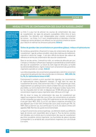 Fiche 3 
18 
Niveau et type de contamination des eaux de ruissellement 
La fiche 3 a pour but de préciser les sources de contamination des eaux 
de ruissellement, les types de polluants susceptibles d’être émis et leurs 
propriétés. Ces éléments sont indispensables pour orienter correctement 
les actions. Les fiches 2 et 3 sont complémentaires et destinées à faciliter 
l’analyse qui servira de base à une réflexion sur les solutions à mettre en oeuvre 
pour réduire et maîtriser les émissions polluantes (fiche 4). 
Ordres de grandeur des concentrations en paramètres globaux, métaux et hydrocarbures 
De nombreux paramètres influencent le niveau de contamination des eaux de 
ruissellement : type de surface considéré, nature des matériaux de revêtement, 
intensité et nature de l’usage… Il est donc difficile de donner des valeurs de 
référence en termes de contamination des eaux de ruissellement. 
Dans le cas des voiries, l’intensité du trafic, en nombre de véhicules par jour, 
n’est pas un indicateur suffisant pour expliquer la variabilité de la contamination 
des eaux de ruissellement. La nature du trafic (type de véhicules), sa fluidité 
(accélération/décélération, régime moteur) sont certainement des paramètres 
importants à prendre en compte (fiche 2). 
Les ordres de grandeur de concentrations proposés dans cette fiche concernent 
uniquement les polluants bien documentés dans la littérature : MES, DCO, Cd, 
Cu, Pb, Zn, hydrocarbures totaux et HAP. 
Contrairement à certains a priori pourtant très répandus, les concentrations 
en hydrocarbures totaux dépassent rarement 10 mg/l dans les eaux de 
ruissellement de voiries. Elles varient de 0,150 à 11 mg/l (moyennes par sites), 
respectivement sur parking et voirie urbaine à faible trafic pour les valeurs les 
plus faibles, sur voirie urbaine à fort trafic peu fluide pour la valeur la plus forte. 
Sur les chaussées dont le trafic ne dépasse pas 10 000 véhicules par jour, la 
concentration moyenne la plus importante reste inférieure à 2,3 mg/l. 
Afin de situer le niveau de contamination des eaux de ruissellement par 
rapport aux exigences d’état des cours d’eau, les concentrations en polluants 
ont été comparées aux valeurs limites (VL) supérieures du bon état écologique 
d’une part (pour MES, DCO, Cu et Zn), aux valeurs moyennes annuelles à ne 
pas dépasser pour le bon état chimique des cours d’eau d’autre part (Pb, Cd, 
HAP). Dans ce dernier cas, tout comme pour Cu et Zn, les valeurs limites sont 
appelées NQE (Normes de qualité environnementale). 
La figure 5 concerne les voiries et parkings. Les éléments relatifs aux différents 
types de toitures sont rassemblés dans la figure 6. Plus les barres colorées 
sont décalées vers la droite plus la contamination des eaux de ruissellement 
peut être considérée comme importante. Les fourchettes de valeurs données 
correspondent à la variabilité des concentrations moyennes d’un site d’étude 
à un autre. 
La synthèse des données 
bibliographiques fait 
apparaître une grande 
variabilité des résultats : 
• pour un même type 
de surface urbaine, 
les concentrations 
moyennes observées 
varient d’une étude 
à une autre, 
• sur un site d’étude 
donné, la variabilité des 
concentrations d’un 
événement pluvieux à 
un autre est très 
importante. 
 