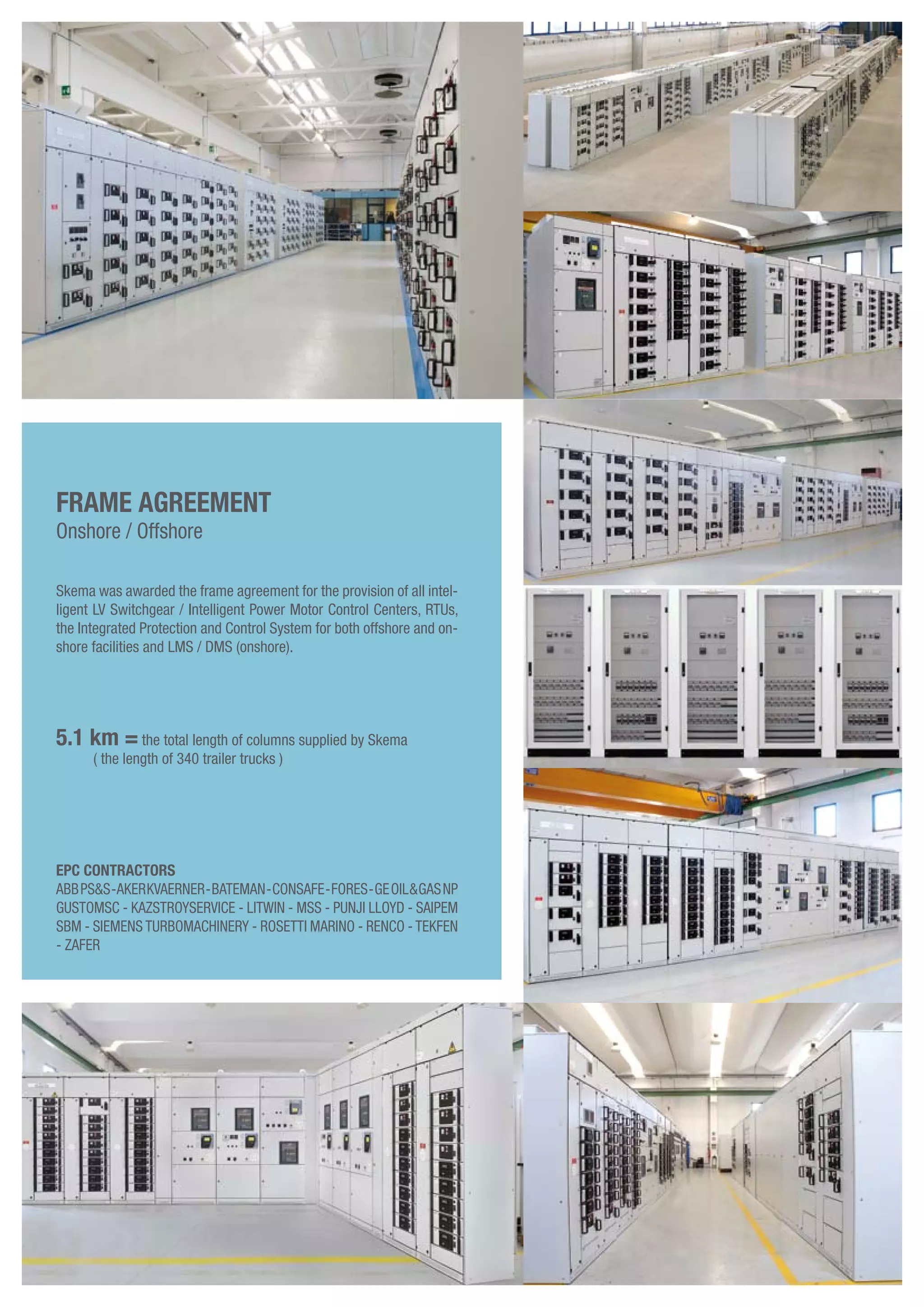 Frame Agreement
Onshore / Offshore
Skema was awarded the frame agreement for the provision of all intel-
ligent LV Switchgear / Intelligent Power Motor Control Centers, RTus,
the Integrated Protection and Control System for both offshore and on-
shore facilities and LMS / DMS (onshore).
EPC contractors
ABBPs&s-AkerKvaerner-Bateman-Consafe-Fores-GEoil&gasnp
GustoMSC - Kazstroyservice - Litwin - Mss - Punji Lloyd - Saipem
SBM - Siemens turbomachinery - Rosetti Marino - Renco - Tekfen
- Zafer
5.1 km =the total length of columns supplied by Skema
( the length of 340 trailer trucks )
 