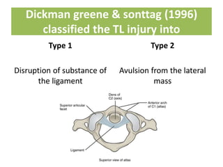 Dickman greene & sonttag (1996)
classified the TL injury into
Type 1
Disruption of substance of
the ligament
Type 2
Avulsion from the lateral
mass
 