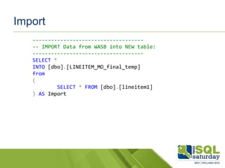 Import
------------------------------------
-- IMPORT Data from WASB into NEW table:
------------------------------------
SELECT *
INTO [dbo].[LINEITEM_MO_final_temp]
from
(
SELECT * FROM [dbo].[lineitem1]
) AS Import
 
