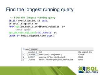 Find the longest running query
-- Find the longest running query
SELECT execution_id, st.text,
dr.total_elapsed_time
FROM sys.dm_exec_distributed_requests dr
cross apply
sys.dm_exec_sql_text(sql_handle) st
ORDER BY total_elapsed_time DESC;
 