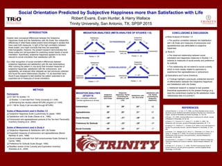 Social Orientation Predicted by Subjective Happiness more than Satisfaction with Life
Robert Evans, Evan Hunter, & Harry Wallace
Trinity University, San Antonio, TX, SPSP 2015
INTRODUCTION
Despite clear conceptual differences between the Subjective
Happiness Scale and the Satisfaction with life Scale, few noteworthy
differences in what these scales predict have emerged in studies that
have used both measures. In light of the high correlation between
these scales, one might conclude that they are essentially
interchangeable. However, the present research demonstrates that
these scales are not equivalent for predicting certain facets of social
orientation. Specifically, subjective happiness appears to be more
relevant to social orientation than satisfaction with life.
Our initial recognition of social orientation differences between
subjective happiness and satisfaction with life was serendipitous.
After noticing the pattern in one study that included measures of
subjective happiness, satisfaction with life, extraversion, and
agreeability, we analyzed other datasets we had previously collected
and found the same relationships (Studies 1-5, as described here).
Study 6 was designed to test whether the pattern extended to an
expanded set of measures of social orientation.
CONCLUSIONS & DISCUSSION
 Meta-Analysis of Studies 1-5:
The positive correlation between the Satisfaction
with Life Scale and measures of extraversion and
agreeableness was attributable to subjective
happiness
 Study 6:
The observed relationship between social
orientation and happiness measures in Studies 1-5
extends to measures of social anxiety and preference
for solitude
This relationship did not extend to social curiosity,
which is more closely related to openness to
experience than agreeableness or extraversion
 Implications and Future Directions:
 Findings highlight a previously undetected element
of differentiation between the Subjective Happiness
and Satisfaction with Life Scales
 Additional research is needed to test possible
theoretical explanations for the present findings (e.g.,
does the contentment implied by life satisfaction make
relationships less of a priority?)
METHOD
Participants:
 N = 847 for studies 1-5:
 Studies 1-3 recruited from Trinity University (n = 438)
 Remaining two studies utilized MTURK program (n = 409)
 N = 188 for Study 6 (all recruited through MTURK)
Scales of Measurement used in Studies 1-5
 Subjective Happiness Scale (Lyubomirsky & Lepper, 1999)
 Satisfaction with Life Scale (Diener et al., 1995)
 Extraversion and agreeableness portions of the Ten-Item Personality
Inventory (Gosling et al., 2003)
Scales of Measurement used in Study 6
 Subjective Happiness & Satisfaction with Life Scales
 Expanded measures of extraversion and agreeableness (Benet-
Martinez & John, 1998)
 Social anxiety subscale from Self-consciousness Scale (Scheier &
Carver, 1985)
 Preference for Solitude Scale (Burger, 1995)
 Modified version of the Curiosity and Exploration Inventory
(Kashdan et al., 2009)
MEDIATION ANALYSES
(STUDY 6)
Stats = correlation coefficients
* Denotes significance at .05 level
Subjective
Happiness:
Zero-Order
Subjective
Happiness: Partial
(controlling for
Satisfaction with
Life)
Satisfaction with
Life: Zero-Order
Satisfaction with
Life: Partial
(controlling for
Subjective
Happiness)
Extraversion .54* .39* .42* .02
Agreeableness .36* .20* .31* .07
Social Anxiety -.45* -.31* -.36* -.02
Preference for Solitude -.40* -.23* -.35* -.07
Social Curiosity .38* .19* .37* .17
MEDIATION ANALYSES (META-ANALYSIS OF STUDIES 1-5)
EXTRAVERSION
AGREEABLENESS
Subjective
Happiness
Satisfaction
with Life
Extraversion
Partial r = .35*
r = .42* Satisfaction
with Life
Subjective
Happiness
Extraversion
r = .25*
Partial r = -.02
Satisfaction
with Life
Agreeableness
Partial r = .27*
r = .33* Satisfaction
with Life
Subjective
Happiness
Agreeablenessr = .22*
Partial r = -.02
Subjective
Happiness
REFERENCES
 Benet-Martínez, V., & John, O. P. (1998). Los Cinco Grandes across cultures
and ethnic groups: Multitrait-multimethod analyses of the Big Five in Spanish and
English. Journal of Personality and Social Psychology, 75, 729-750.
 Burger, J. M. (1995). Individual differences in preference for solitude. Journal
of Research in Personality, 29, 85-108.
 Diener, E. D., Emmons, R. A., Larsen, R. J., & Griffin, S. (1985). The
Satisfaction with Life Scale. Journal of Personality Assessment, 49, 71-75.
 Gosling, S. D., Rentfrow, P. J., & Swann, W. B. (2003). A very brief measure of
the Big-Five personality domains. Journal of Research in Personality, 37, 504-
528.
 Kashdan, T. B., Gallagher, M. W., Silvia, P. J., Winterstein, B. P., Breen, W. E.,
Terhar, D., & Steger, M. F. (2009). The curiosity and exploration inventory-II:
Development, factor structure, and psychometrics. Journal of Research in
Personality, 43, 987-998.
 Lyubomirsky, S., & Lepper, H. S. (1999). A measure of subjective happiness:
Preliminary reliability and construct validation. Social Indicators Research, 46,
137-155.
 Scheier, M. F., & Carver, C. S. (1985). The Self-Consciousness Scale: A
revised version for use with general populations. Journal of Applied Social
Psychology, 15, 687-699.
 