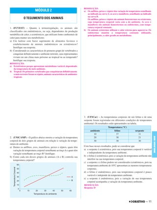 1. (FUVEST) – Quanto à termorregulação, os animais são
classificados em endotérmicos, ou seja, dependentes da produção
metabólica de calor, e ectotérmicos, que utilizam fontes ambientais de
calor para manter seu metabolismo.
a) Um habitat com baixo suprimento de alimentos favorece o
estabelecimento de animais endotérmicos ou ectotérmicos?
Justifique sua resposta.
b) Considerando as características do primeiro grupo de vertebrados a
conquistar definitivamente o ambiente terrestre, seus representantes
viviam em um clima mais próximo ao tropical ou ao temperado?
Justifique sua resposta.
2. (UNICAMP) – O gráfico abaixo mostra a variação da temperatura
corporal de dois grupos de animais em relação à variação da tempe-
ratura do ambiente.
a) Dentre os anfíbios, aves, mamíferos, peixes e répteis, quais têm
variação de temperatura corporal semelhante ao traço A e quais têm
variação semelhante ao traço B? Justifique.
b) Como cada um desses grupos de animais (A e B) controla sua
temperatura corporal?
3. (UFSCar) – As temperaturas corporais de um felino e de uma
serpente foram registradas em diferentes condições de temperatura
ambiental. Os resultados estão apresentados na tabela.
Com base nesses resultados, pode-se considerar que
a) a serpente é ectotérmica, pois sua temperatura corporal é variável
e independente da temperatura ambiente.
b) o felino é ectotérmico, pois a variação da temperatura ambiente não
interfere na sua temperatura corporal.
c) a serpente e o felino podem ser considerados ectotérmicos, pois na
temperatura ambiente de 10°C apresentam as menores temperaturas
corporais.
d) o felino é endotérmico, pois sua temperatura corporal é pouco
variável e independe da temperatura ambiente.
e) a serpente é endotérmica, pois a variação de sua temperatura
corporal acompanha a variação da temperatura ambiente.
MÓDULO 2
O TEGUMENTO DOS ANIMAIS
RESOLUÇÃO:
a) Ectotérmicos porque apresentam metabolismo variável, dependendo
da temperatura do meio ambiente.
b) Tropical. Os primeiros vertebrados que conquistaram definitivamente
o meio terrestre foram os répteis, animais característicos de ambientes
tropicais.
RESOLUÇÃO:
a) Os anfíbios, peixes e répteis têm variação de temperatura semelhante
ao indicado na curva A; as aves e mamíferos, semelhante ao indicado
na curva B.
Os anfíbios, peixes e répteis são animais heterotermos ou ectotermos,
cuja temperatura corporal varia com a do ambiente. As aves e
mamíferos são animais homeotermos ou endotermos, com tempe-
ratura corporal constante.
b) Os animais ectotermos utilizam o calor externo para aquecer-se. Os
endotermos mantém a temperatura constante utilizando,
principalmente, o calor gerado no metabolismo.
Temperatura (°C)
ambiente felino serpente
10 37 11
20 38 21
30 38 30
RESOLUÇÃO:
Resposta: D
– 11
BIOLOGIABDE
C1_BDE_Exerc_Biolog_Prof_2012_Tony 31/10/11 14:09 Page 11
 