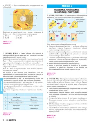 4. (PUC-SP) – A figura a seguir esquematiza os componentes de uma
célula animal:
Relacionam-se, respectivamente, com a síntese e o transporte de
lipídios e com a síntese e o transporte de proteínas, apenas
a) IV e V. b) V e IV. c) I e II.
d) II e III. e) III e IV.
5. (MODELO ENEM) – Foram coletadas três amostras de
espermatozoides de um rato adulto apto para reprodução e colocadas
separadamente em três tubos de ensaio.
Cada uma destas amostras foi submetida a uma situação experimental:
Tubo 1 – Todos os espermatozoides tiveram um determinado tipo de
organoide extraído do citoplasma através de uma microagulha.
Tubo 2 – Todos os espermatozoides tiveram outro tipo de organoide
citoplasmático extraído.
Tubo 3 – Todos os espermatozoides foram mantidos intactos e
utilizados como controle.
Em seguida, as três amostras foram introduzidas, cada uma
separadamente, nos colos uterinos de três ratazanas em condições de
serem fertilizadas. Durante o experimento, verificou-se que
– os espermatozoides do tubo 1 se aproximaram dos óvulos, mas
nenhum deles conseguiu perfurar suas membranas plasmáticas;
– os espermatozoides do tudo 2 não foram além do colo uterino e
sofreram um processo degenerativo após 48 horas;
– os espermatozoides do tubo 3 caminharam até os óvulos e todos
foram fertilizados.
Quais foram os organoides extraídos dos espermatozoides dos tubos 1
e 2?
1. (CESGRANRIO-2011) – No esquema abaixo, podemos observar
um esquema com dois processos celulares, denominados A e B.
Sobre tais processos, assinale a alternativa correta.
a) O esquema A representa a fagocitose e é geralmente realizado por
macrófagos, o esquema B representa a pinocitose e é realizado
exclusivamente por células nervosas.
b) O esquema A representa a fagocitose e é exclusivamente realizado
por linfócitos T, o esquema B representa a pinocitose e é realizado
exclusivamente por células nervosas.
c) O esquema A representa a fagocitose e é geralmente realizado por
macrófagos, o equema B representa a pinocitose que envolve a
entrada de partículas líquidas para dentro da célula.
d) Ambos os esquemas representam processos passivos.
e) Ambos os processos requerem a participação de receptores
específicos na membrana plasmática e são inibidos por
determinados antibióticos, mas não requerem energia.
2. (VUNESP-2011) – Citoesqueleto designa o conjunto de filamentos
proteicos responsáveis pela integridade estrutural das células e por uma
ampla variedade de processos dinâmicos, como a aquisição da forma,
movimento celular e transporte de organelas. Sobre o citoesqueleto,
pode-se afirmar corretamente que
a) é uma estrutura citoplasmática que está presente tanto nas células
eucariotas como nas procariotas.
b) é uma estrutura altamente dinâmica que se reorganiza continua-
mente sempre que a célula altera a sua forma, se divide ou responde
ao ambiente.
c) é responsável pela execução de movimentos coordenados e
direcionados somente em seres unicelulares como bactérias e
protozoários.
d) dificulta o tráfego intracelular de organelas, vesículas e moléculas,
preservando assim suas estruturas.
e) está envolvido em inúmeras funções celulares, tais como: contração
muscular, segregação dos cromossomos nos eventos de mitose e
respiração celular.
MÓDULO 5
LISOSSOMOS, PEROXISSOMOS,
MICROTÚBULOS E CENTRÍOLOS
RESOLUÇÃO:
Resposta: C
RESOLUÇÃO:
Resposta: B
RESOLUÇÃO:
Resposta: D
1 2
a) Mitocôndria Centríolo
b) Sistema golgiense Mitocôndria
c) Retículo endoplasmático Lisossomo
d) Mitocôndria Sistema golgiense
e) Lisossomo Mitocôndria
RESOLUÇÃO:
Resposta: B
6 –
BIOLOGIABDE
C1_BDE_Exerc_Biolog_Prof_2012_Tony 31/10/11 14:09 Page 6
 