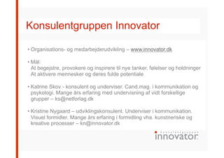 Konsulentgruppen Innovator
• Organisations- og medarbejderudvikling – www.innovator.dk
• Mål:
At begejstre, provokere og inspirere til nye tanker, følelser og holdninger
At aktivere mennesker og deres fulde potentiale
• Katrine Skov - konsulent og underviser. Cand.mag. i kommunikation og
psykologi. Mange års erfaring med undervisning af vidt forskellige
grupper – ks@netforlag.dk
• Kristine Nygaard – udviklingskonsulent. Underviser i kommunikation.
Visuel formidler. Mange års erfaring i formidling vha. kunstneriske og
kreative processer – kn@innovator.dk
 