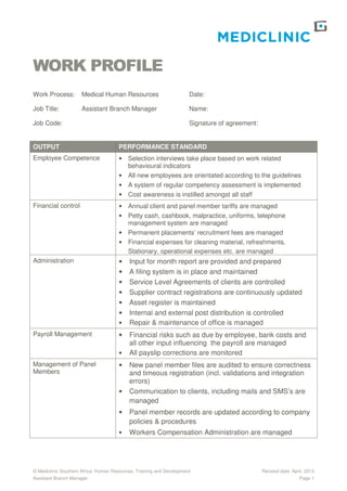 © Mediclinic Southern Africa: Human Resources, Training and Development Revised date: April, 2013
Assistant Branch Manager Page 1
WORK PROFILE
Work Process: Medical Human Resources Date:
Job Title: Assistant Branch Manager Name:
Job Code: Signature of agreement:
OUTPUT PERFORMANCE STANDARD
Employee Competence • Selection interviews take place based on work related
behavioural indicators
• All new employees are orientated according to the guidelines
• A system of regular competency assessment is implemented
• Cost awareness is instilled amongst all staff
Financial control • Annual client and panel member tariffs are managed
• Petty cash, cashbook, malpractice, uniforms, telephone
management system are managed
• Permanent placements’ recruitment fees are managed
• Financial expenses for cleaning material, refreshments,
Stationary, operational expenses etc. are managed
Administration • Input for month report are provided and prepared
• A filing system is in place and maintained
• Service Level Agreements of clients are controlled
• Supplier contract registrations are continuously updated
• Asset register is maintained
• Internal and external post distribution is controlled
• Repair & maintenance of office is managed
Payroll Management • Financial risks such as due by employee, bank costs and
all other input influencing the payroll are managed
• All payslip corrections are monitored
Management of Panel
Members
• New panel member files are audited to ensure correctness
and timeous registration (incl. validations and integration
errors)
• Communication to clients, including mails and SMS’s are
managed
• Panel member records are updated according to company
policies & procedures
• Workers Compensation Administration are managed
 