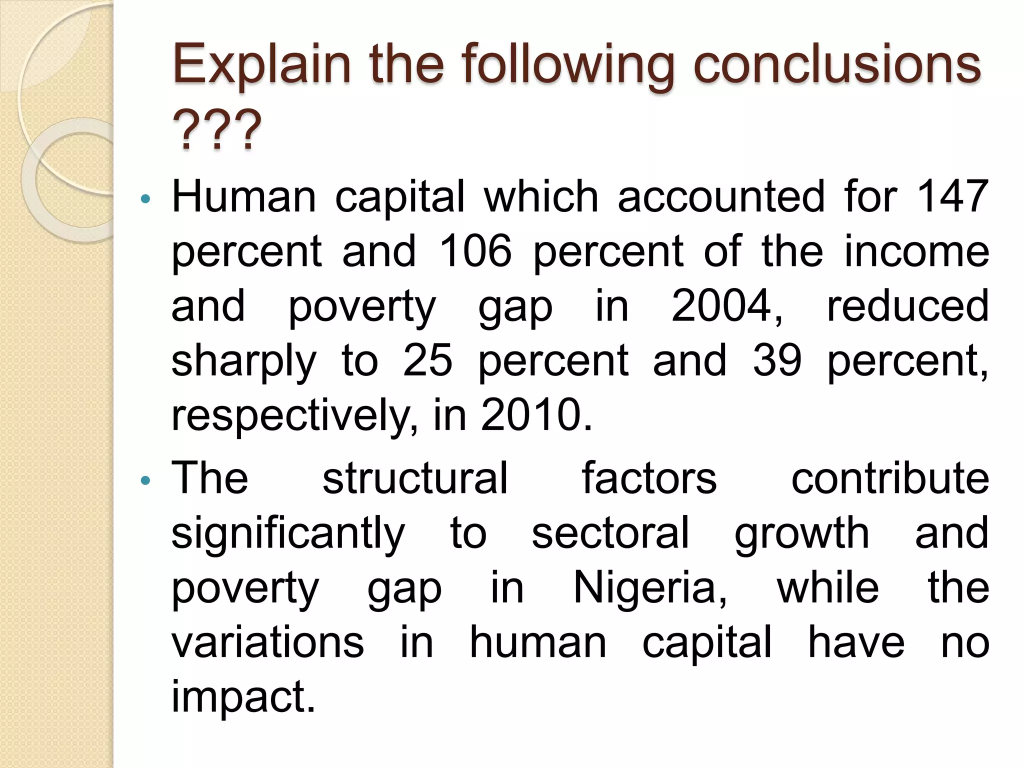 Explain the following conclusions 
??? 
• Human capital which accounted for 147 
percent and 106 percent of the income 
and poverty gap in 2004, reduced 
sharply to 25 percent and 39 percent, 
respectively, in 2010. 
• The structural factors contribute 
significantly to sectoral growth and 
poverty gap in Nigeria, while the 
variations in human capital have no 
impact. 
 