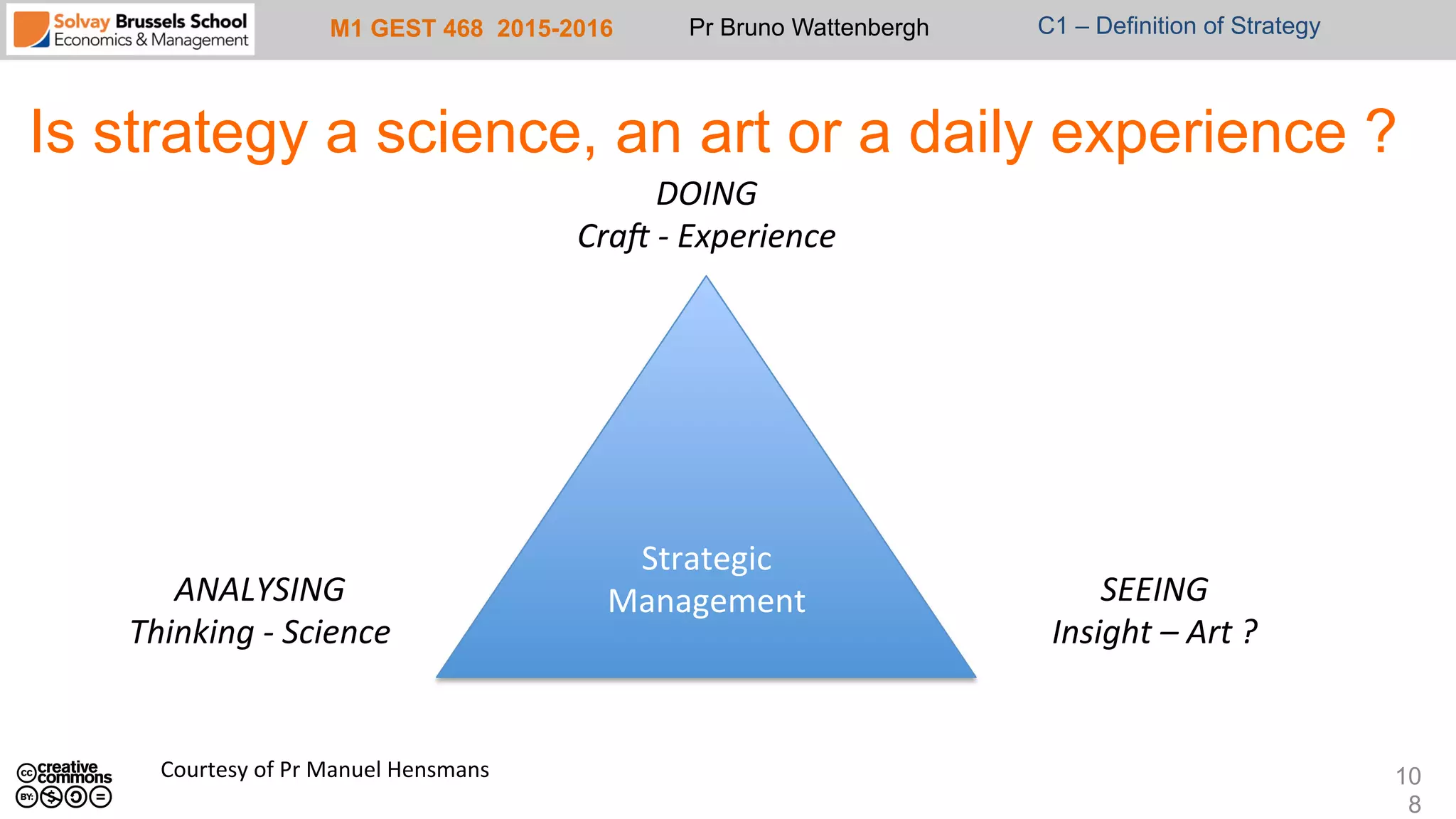 M1 GEST 468 2015-2016 Pr Bruno Wattenbergh C1 – Definition of Strategy
Is strategy a science, an art or a daily experience ?
10
8
Strategic	
  
Management	
  ANALYSING	
  	
  
Thinking	
  -­‐	
  Science	
  
SEEING	
  
Insight	
  –	
  Art	
  ?	
  
DOING	
  
CraG	
  -­‐	
  Experience	
  
Courtesy	
  of	
  Pr	
  Manuel	
  Hensmans	
  
 