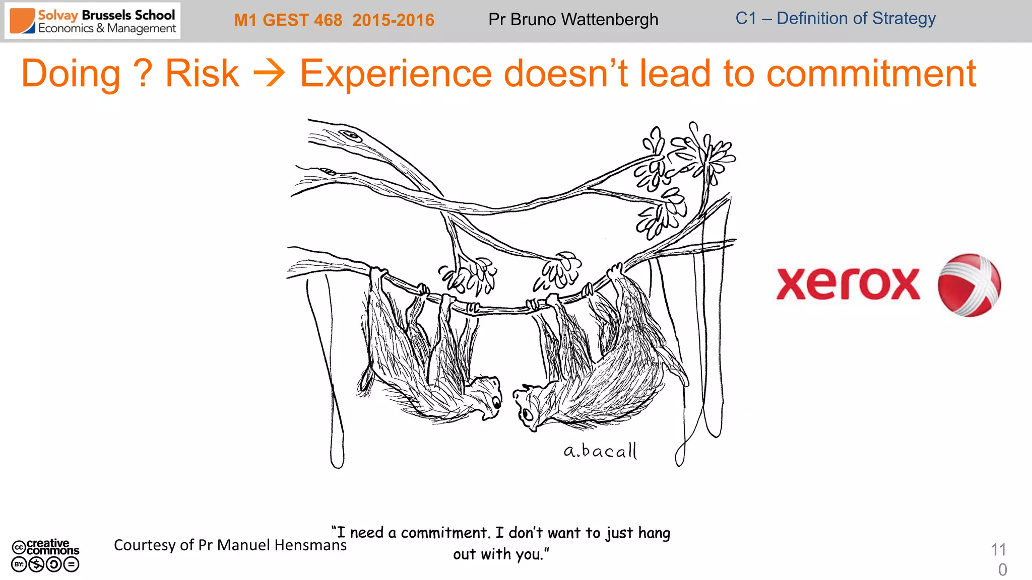 M1 GEST 468 2015-2016 Pr Bruno Wattenbergh C1 – Definition of Strategy
Doing ? Risk à Experience doesn’t lead to commitment
11
0
Courtesy	
  of	
  Pr	
  Manuel	
  Hensmans	
  
 