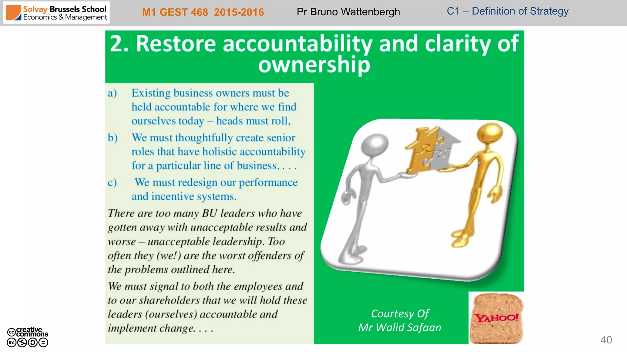 M1 GEST 468 2015-2016 Pr Bruno Wattenbergh C1 – Definition of Strategy
40
Courtesy	
  Of	
  	
  
Mr	
  Walid	
  Safaan	
  
 