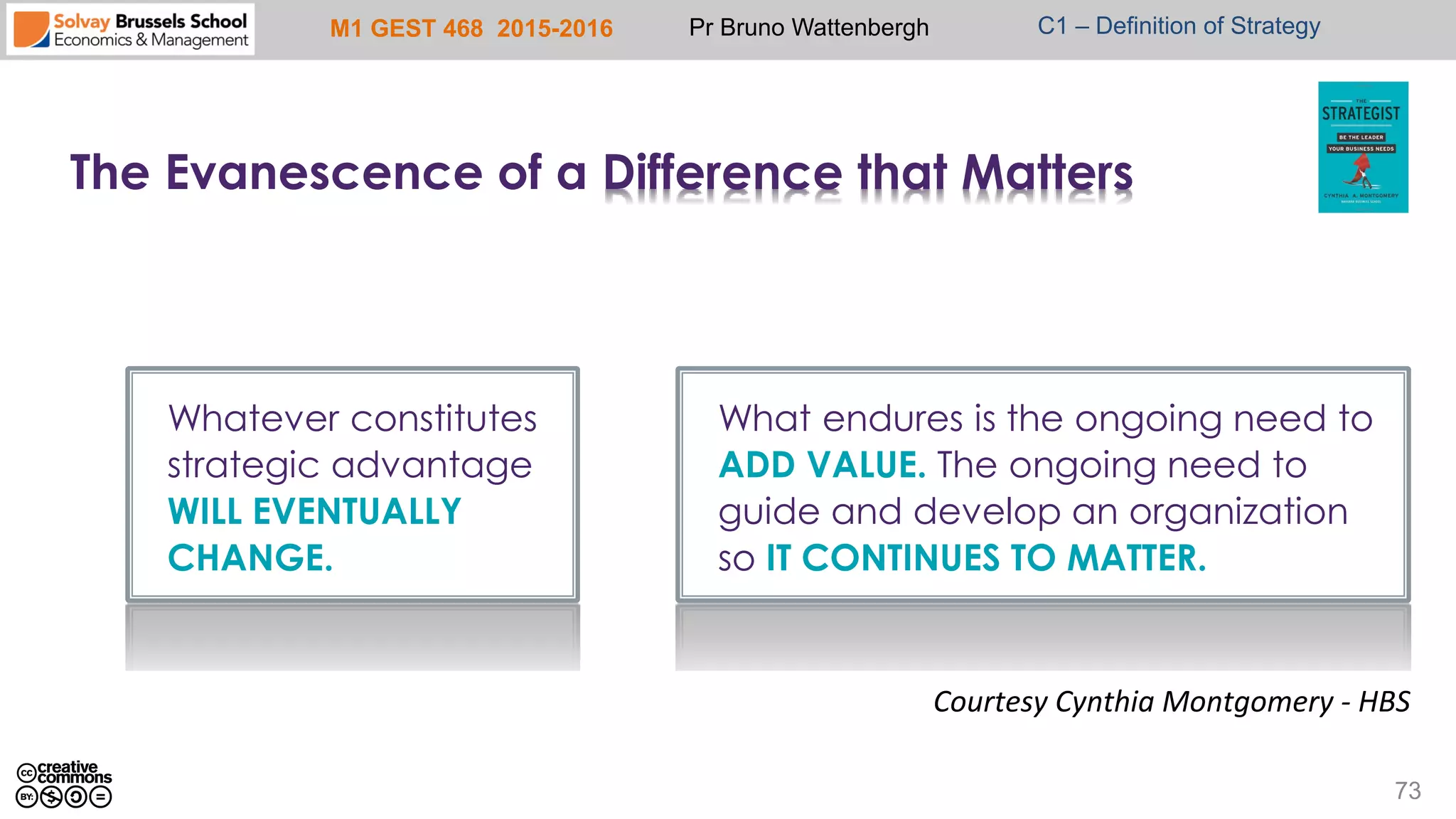 M1 GEST 468 2015-2016 Pr Bruno Wattenbergh C1 – Definition of Strategy
73
The Evanescence of a Difference that Matters
Whatever constitutes
strategic advantage
WILL EVENTUALLY
CHANGE.
What endures is the ongoing need to
ADD VALUE. The ongoing need to
guide and develop an organization
so IT CONTINUES TO MATTER.
Courtesy	
  Cynthia	
  Montgomery	
  -­‐	
  HBS	
  
 