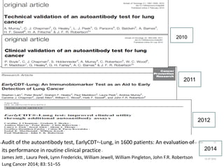 2010
2011
2014
2012
Audit	of	the	autoantibody	test,	EarlyCDT®-Lung,	in	1600	patients:	An	evaluation	of	
its	performance	in	routine	clinical	practice_
James	Jett	,	Laura	Peek,	Lynn	Fredericks,	William	Jewell,	William	Pingleton,	John	F.R.	Robertson
Lung	Cancer	2014;	83:	51–55
01.07.2016
Nottingham Pathology 2016 11
 