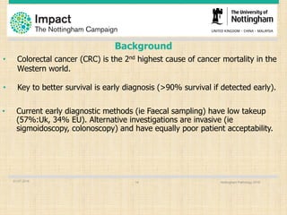 Background
• Colorectal cancer (CRC) is the 2nd highest cause of cancer mortality in the
Western world.
• Key to better survival is early diagnosis (>90% survival if detected early).
• Current early diagnostic methods (ie Faecal sampling) have low takeup
(57%:Uk, 34% EU). Alternative investigations are invasive (ie
sigmoidoscopy, colonoscopy) and have equally poor patient acceptability.
01.07.2016 Nottingham Pathology 201614
 