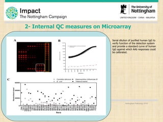 2- Internal QC measures on Microarray
Serial dilution of purified human IgG to
verify function of the detection system
and provide a standard curve of human
IgG against which AAb responses could
be calibrated.
Nottingham Pathology 2016
 