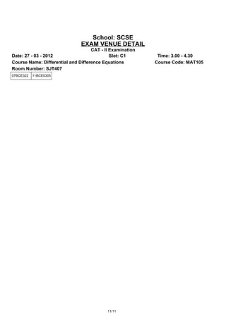 School: SCSE
                               EXAM VENUE DETAIL
                                    CAT - II Examination
Date: 27 - 03 - 2012                         Slot: C1       Time: 3.00 - 4.30
Course Name: Differential and Difference Equations         Course Code: MAT105
Room Number: SJT407
07BCE322   11BCE0305




                                           11/11
 
