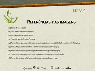[10] Balick & Cox (1996).
[11] Foto de Márlia Coelho-Ferreira.
[12] Foto Ricardo de Souza Secco.
[13] Fotos de Márlia Coelho-Ferreira.
[14] Fonte: https://upload.wikimedia.org/wikipedia/commons/6/68/Carl_von_Linn%C3%A9.jpg.
[15] Fonte: https://inforagro.files.wordpress.com/2010/11/flores.jpg.
[16] Fonte: http://www.ppmac.org/sites/default/files/goiabeira01.jpg.
[17] Fonte: http://www.prota4u.org/protav8.asp?p=Rosmarinus+officinalis.
[18] Fonte: https://www.flickr.com/photos/scottzona/8342123723.
ETAPA2
REFERÊNCIAS DAS IMAGENS
 
