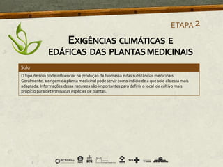 O tipo de solo pode influenciar na produção da biomassa e das substâncias medicinais.
Geralmente, a origem da planta medicinal pode servir como indício de a que solo ela está mais
adaptada. Informações dessa natureza são importantes para definir o local de cultivo mais
propício para determinadas espécies de plantas.
ETAPA2
Solo
EXIGÊNCIAS CLIMÁTICAS E
EDÁFICAS DAS PLANTASMEDICINAIS
 