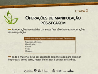 As operações necessárias para esta fase são chamadas operações
de manipulação.
Todo o material deve ser separado ou peneirado para eliminar
impurezas, como terra, restos de insetos e corpos estranhos.
Confira as operações de manipulação mais frequentes:
Separação e limpeza
Classificação
Rasura
Corte
Moagem
ETAPA2
OPERAÇÕES DE MANIPULAÇÃO
PÓS-SECAGEM
 