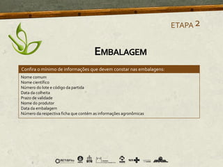 Confira o mínimo de informações que devem constar nas embalagens:
Nome comum
Nome científico
Número do lote e código da partida
Data da colheita
Prazo de validade
Nome do produtor
Data da embalagem
Número da respectiva ficha que contém as informações agronômicas
ETAPA2
EMBALAGEM
 
