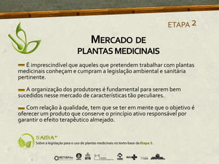 É imprescindível que aqueles que pretendem trabalhar com plantas
medicinais conheçam e cumpram a legislação ambiental e sanitária
pertinente.
A organização dos produtores é fundamental para serem bem
sucedidos nesse mercado de características tão peculiares.
Com relação à qualidade, tem que se ter em mente que o objetivo é
oferecer um produto que conserve o princípio ativo responsável por
garantir o efeito terapêutico almejado.
ETAPA2
MERCADO DE
PLANTASMEDICINAIS
 