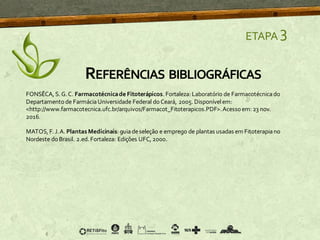 ETAPA 3
FONSÊCA, S. G.C. Farmacotécnicade Fitoterápicos. Fortaleza: Laboratório de Farmacotécnicado
Departamentode FarmáciaUniversidade Federal doCeará, 2005. Disponívelem:
<http://www.farmacotecnica.ufc.br/arquivos/Farmacot_Fitoterapicos.PDF>.Acessoem: 23 nov.
2016.
MATOS, F. J.A. Plantas Medicinais: guiadeseleção e emprego de plantas usadas em Fitoterapiano
Nordeste doBrasil. 2.ed. Fortaleza: Edições UFC, 2000.
REFERÊNCIAS BIBLIOGRÁFICAS
 