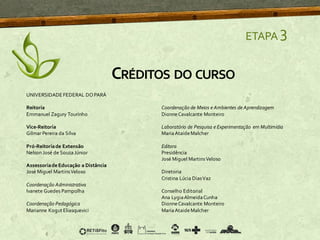 ETAPA 3
CRÉDITOS DO CURSO
UNIVERSIDADEFEDERAL DOPARÁ
Reitoria
Emmanuel Zagury Tourinho
Vice-Reitoria
Gilmar Pereira da Silva
Pró-Reitoriade Extensão
Nelson José de SouzaJúnior
Assessoriade Educação a Distância
José Miguel MartinsVeloso
Coordenação Administrativa
Ivanete Guedes Pampolha
Coordenação Pedagógica
Marianne Kogut Eliasquevici
Coordenação de Meios e Ambientes de Aprendizagem
DionneCavalcante Monteiro
Laboratório de Pesquisa e Experimentação em Multimídia
MariaAtaideMalcher
Editora
Presidência
José Miguel MartinsVeloso
Diretoria
Cristina Lúcia DiasVaz
Conselho Editorial
Ana LygiaAlmeidaCunha
DionneCavalcante Monteiro
MariaAtaideMalcher
 