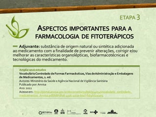 ETAPA 3
Adjuvante: substância de origem natural ou sintética adicionada
ao medicamento com a finalidade de prevenir alterações, corrigir e/ou
melhorar as características organolépticas, biofarmacotécnicas e
tecnológicas do medicamento.
ASPECTOS IMPORTANTES PARA A
FARMACOLOGIA DE FITOTERÁPICOS
Amplie seus estudos
VocabulárioControlado deFormas Farmacêuticas,Vias deAdministração e Embalagens
de Medicamentos, 1. ed.
Autores: Ministérioda Saúde eAgência Nacional deVigilância Sanitária
Publicado por: Anvisa
Ano: 2011
Acesseem: http://portal.anvisa.gov.br/documents/33836/354054/vocabulario_controlado_
medicamentos_Anvisa.pdf/fd8fdf08-45dc-402a-8dcf-fbb3fd21ca75
 