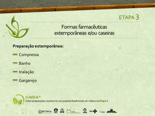 ETAPA 3
Formas farmacêuticas
extemporâneas e/ou caseiras
Preparação extemporânea:
Compressa
Banho
Inalação
Gargarejo
 