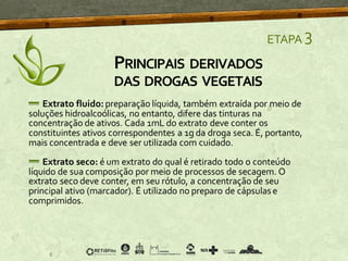 PRINCIPAIS DERIVADOS
DAS DROGAS VEGETAIS
ETAPA 3
Extrato fluido: preparação líquida, também extraída por meio de
soluções hidroalcoólicas, no entanto, difere das tinturas na
concentração de ativos. Cada 1mL do extrato deve conter os
constituintes ativos correspondentes a 1g da droga seca. É, portanto,
mais concentrada e deve ser utilizada com cuidado.
Extrato seco: é um extrato do qual é retirado todo o conteúdo
líquido de sua composição por meio de processos de secagem. O
extrato seco deve conter, em seu rótulo, a concentração de seu
principal ativo (marcador). É utilizado no preparo de cápsulas e
comprimidos.
 