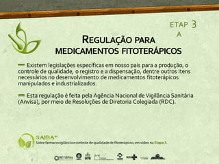 Existem legislações específicas em nosso país para a produção, o
controle de qualidade, o registro e a dispensação, dentre outros itens
necessários no desenvolvimento de medicamentos fitoterápicos
manipulados e industrializados.
Esta regulação é feita pela Agência Nacional deVigilância Sanitária
(Anvisa), por meio de Resoluções de Diretoria Colegiada (RDC).
ETAP
A
3
REGULAÇÃO PARA
MEDICAMENTOS FITOTERÁPICOS
 