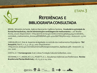 ETAPA 3
BRASIL. Ministério daSaúde. Agência Nacional de Vigilância Sanitária. Vocabuláriocontrolado de
formas farmacêuticas, vias de administraçãoe embalagens de medicamentos. 1.ed. Brasília:
Anvisa, 2011b. Disponívelem: <http://portal.anvisa.gov.br/documents/33836/354054/vocabulario_
controlado_medicamentos_Anvisa.pdf/fd8fdf08-45dc-402a-8dcf-fbb3fd21ca75>. Acesso em: 23 nov.
2016.
CARVALHO, A. C. Bet al. Aspectos dalegislação nocontrole dos medicamentos fitoterápicos. T&C
Amazônia, AnoV, n. 11, p. 26-32, 2007. Disponívelem:
<http://www.anvisa.gov.br/medicamentos/fitoterapicos/aspectos_legislacao.pdf>. Acessoem: 23
nov. 2016.
COSTA, A. F. Farmacognosia. 6.ed. Lisboa: FundaçãoCalousteGulbenkian, 2002.
DEVIENNE, K. F.; RADDI, M. S. G.; POZETTI, G. L. Das plantas medicinais aos fitofármacos. Revista
Brasileirade Plantas Medicinais, v.6, n.3, p.11-14, 2004.
REFERÊNCIAS E
BIBLIOGRAFIACONSULTADA
 
